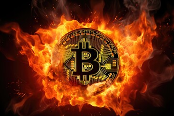 Bitcoin Explosion, Cryptocurrency on Fire Against Black Background