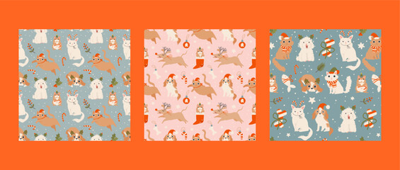 Merry Christmas seamless pattern set with holiday pets. Cozy holiday domestic cat, dog, hamster, parrot, turtle. Cute funny hand drawn cartoon style background. Christmas vector wrapping paper design