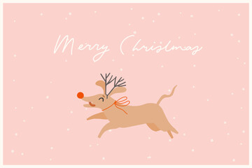 Cute funny Christmas card with dog in holiday mood with Rudolph reindeer horns. Cozy holiday puppy, hand drawn cartoon style illustration. Merry Christmas lettering, horizontal, a4 vector card