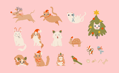 Merry Christmas elements set with holiday pets. Cozy holiday domestic cat, dog, hamster, parrot, turtle. Hand drawn cartoon style illustration. Cute and funny animals, vector sticker collection