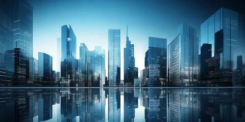 Tuinposter Modern skyscrapers of a smart city, futuristic financial district, graphic perspective of buildings and reflections - Architectural blue background for corporate and business brochure template © mozZz