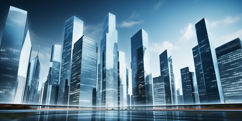 Modern skyscrapers of a smart city, futuristic financial district, graphic perspective of buildings and reflections - Architectural blue background for corporate and business brochure template - obrazy, fototapety, plakaty