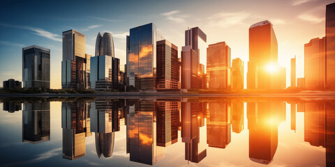 Fototapeta na wymiar Skyscrapers at sunset, graphic perspective of buildings and reflections on water - Abstract architectural background for financial, corporate and business brochure template