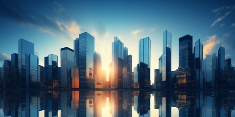 Skyscrapers of a smart city at sunset, futuristic financial district, graphic perspective of buildings and reflections - Architectural blue background for corporate and business brochure template - obrazy, fototapety, plakaty