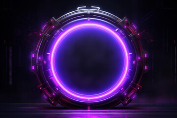 Neon glowing purple door portal with mechanical details on dark background. Futuristic time travel concept - obrazy, fototapety, plakaty