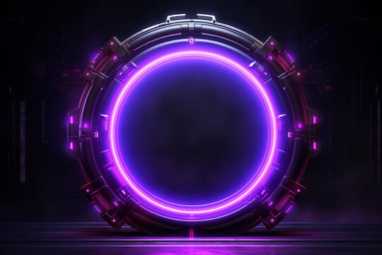 Neon glowing purple door portal with mechanical details on dark background. Futuristic time travel concept