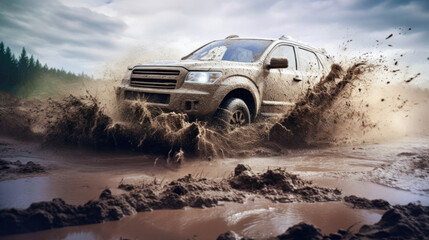 An off-road vehicle emerging from a muddy pit poses a hazard as mud and water spray in off-road racing