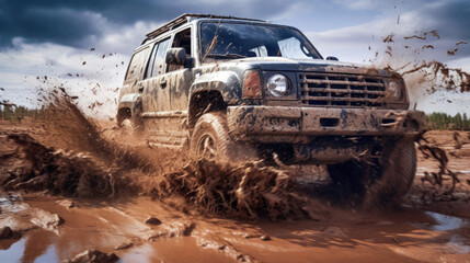 As an off-road vehicle emerges from a muddy hole, it creates a hazard with mud and water splashing in the context of off-road racing