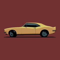 Illustration side view of Classic American Yellow Muscle Car Cartoon 
