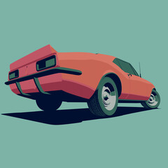 Illustration rear view of Classic American Red Muscle Car Cartoon 