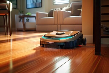 A detailed depiction of a compact, high-tech vacuum robot