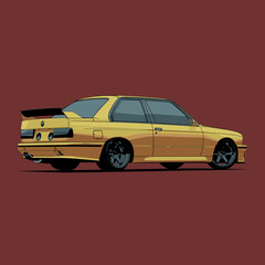 Illustration side view of Classic German Yellow Sport Car Cartoon On Red Background