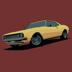 Illustration side view of Classic American Yellow Muscle Car Cartoon