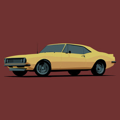 Illustration side view of Classic American Yellow Muscle Car Cartoon