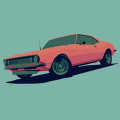 Illustration side view of Classic American Red Muscle Car Cartoon
