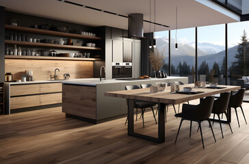 Interior of a modern kitchen with a wooden floor and a panoramic view of the mountains. 3d rendering. ia generative