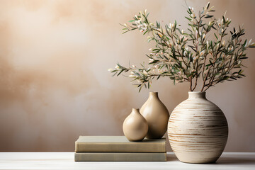 Vase with olive branch and books on wooden table. 3d render. ia generative - obrazy, fototapety, plakaty