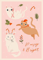 Cute cartoon cats and Christmas decorations, Santa hat, jolly, candy, gifts, garlands. Festive vector illustration - cat on winter holidays in flat cartoon style. Purry and bright, Meowy Christmas