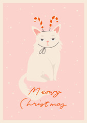 Cute funny Christmas card with grumpy white cat in holiday accessories. Cozy holiday cat pet hand drawn cartoon style illustration. Merry Meowy Christmas lettering, vertical, a4 vector card