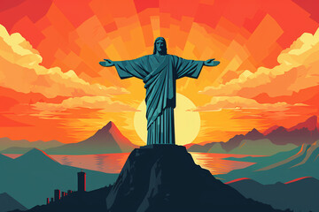 Christ the Redeemer in Rio de janeiro hand draw style, Generative AI