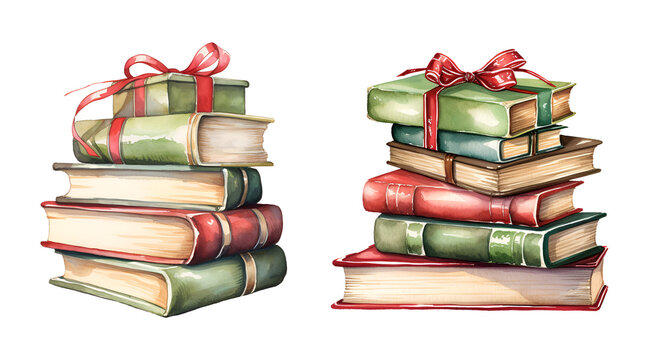 Christmas books watercolor clipart illustration with isolated background.