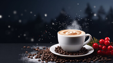 Mug of hot cocoa with marshmallows on the background of Christmas lights