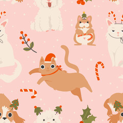 Christmas seamless pattern with holiday pets. Cozy holiday domestic cat, dog, hamster. Cute funny hand drawn cartoon style background. Merry Christmas vector wrapping paper design