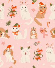 Christmas seamless pattern with holiday pets. Cozy holiday domestic cat, dog, hamster. Cute funny hand drawn cartoon style background. Merry Christmas vector wrapping paper design