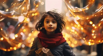 Little Boy Mesmerized by Sparkling Christmas Lights Generative AI