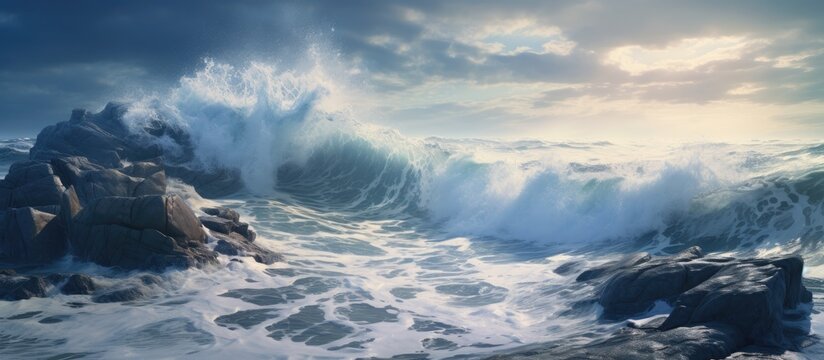 The powerful waves crashing against the beautiful rocks along the shore create a mesmerizing scenery showcasing the raw and breathtaking impact of nature on the sea while emphasizing the nee
