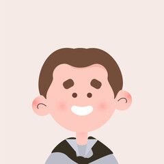 Cheerful man avatar. Custom portrait. The face of male character. Avatar of smiling boy with brown hair in shirt. Vector illustration