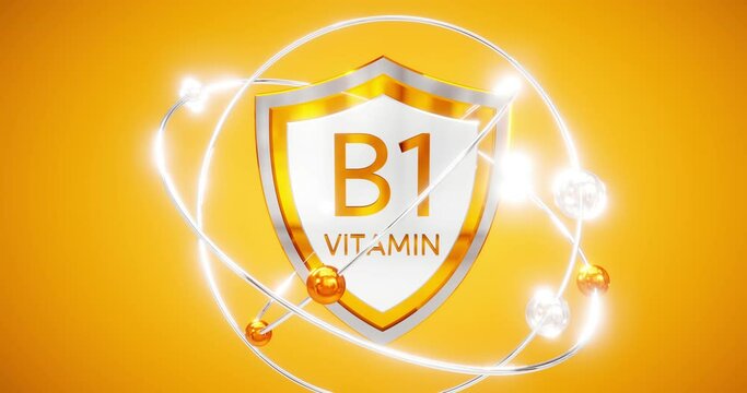 vitamin b1 inscription on a shield surrounded by orbiting atoms. vitamin b protection concept, 3d rendering thiamine