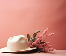 Elegant summer mediterranean background - hat, pink flowers and green leaves on branch with dappled shadow in sunshine on pastel pink wall, copy space. Minimal.