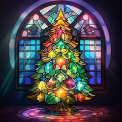 Colorful stained glass, mosaic Christmas tree in front of the window. Concept of winter holidays, Xmas and New Year.