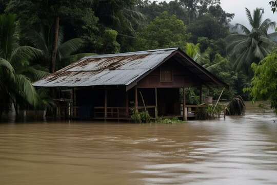 House submerged by rising water levels in heavy monsoon rains, causing major floods in Baco, Oriental Mindoro, Philippines on July 23, 2021. Generative AI
