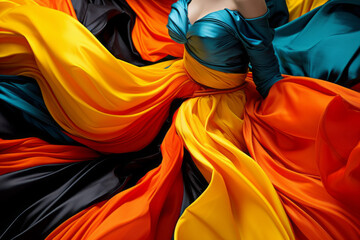 A woman in a gorgeous colorful silk dress. Retro fashion idea.