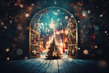 Majestic Christmas Tree Illuminated by the Warm Glow of an Open Door Generative AI - obrazy, fototapety, plakaty