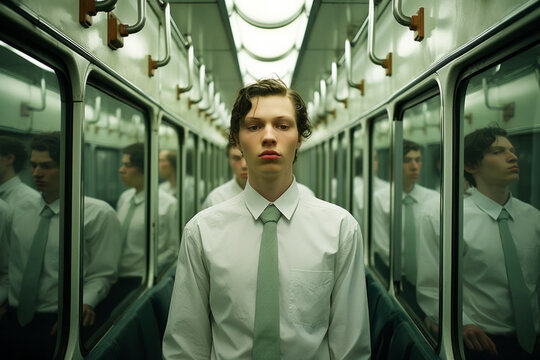 A young guy on a train with different reflections of himself in the windows. Surrealism.