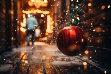 Holiday Season Stroll with a Red Ball and Winter Cheer Generative AI