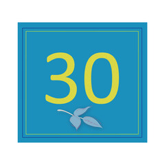 A simple and modern design for the 30th anniversary celebration in blue and yellow colors with an elegant leaf. Template for invitation or  card, vector graphics