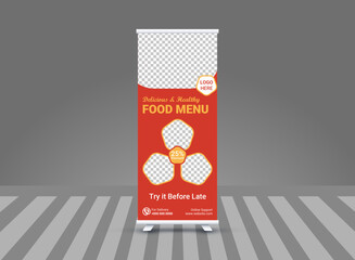 minimalist and sample corporate food roll up banner design, food roll banner design layout, commercials banners mockup, colorful marketing pull up advertisement retractable  banner design in illustrat