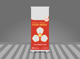 minimalist and sample corporate food roll up banner design, food roll banner design layout, commercials banners mockup, colorful marketing pull up advertisement retractable banner design in illustrat