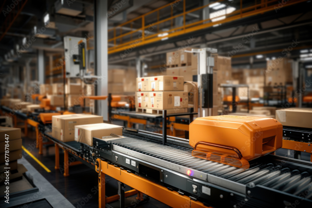Poster a bustling logistics center with automated conveyor belts and robotic systems, emphasizing the conce