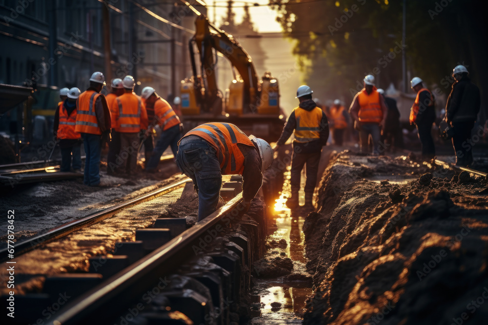 Poster a construction crew working on the installation of a new subway line, symbolizing the concept of mas