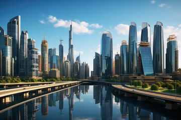 Obraz premium A panoramic view of a modern city skyline with skyscrapers and well-lit streets, signifying the Concept of urban development and infrastructure. Generative Ai.