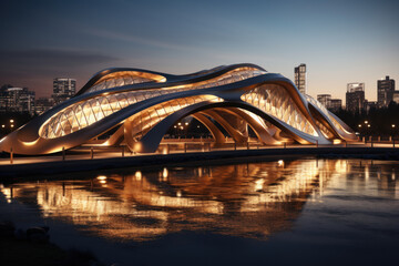 A beautiful river bridge illuminated at night, portraying the Concept of architectural infrastructure. Generative Ai.
