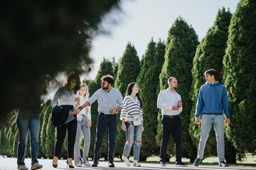 University students working on a project, discussing topics, and solving tasks in the park. They are studying, preparing for exams, and striving for better grades together.