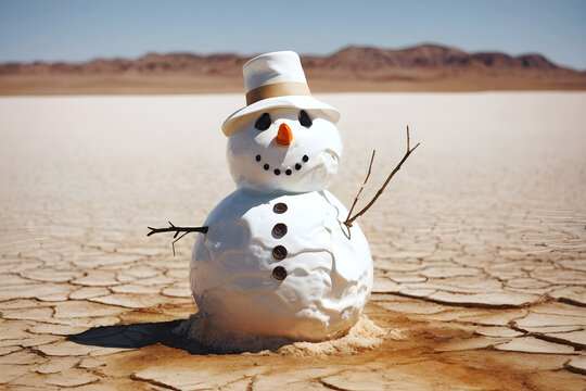 The melting snowman in the drought desert. Global warming and Climate change issues.
