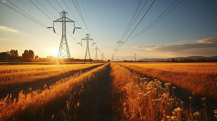 electricity power lines in sunset - obrazy, fototapety, plakaty
