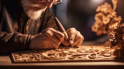 A man is carving a wooden sculpture, AI - Powered by Adobe
